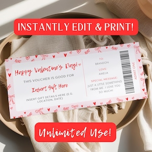 Bearbeitbares Valentinstagsticket, handgezeichneter Valentinstags-Überraschungsgeschenkgutschein, Valentinstagsticketvorlage, druckbarer Valentinstagsgutschein