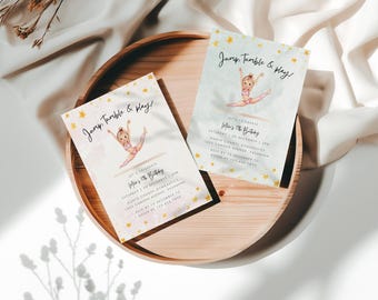May include: Two invitation cards with a watercolor background and gold stars. The cards feature a cartoon illustration of a girl doing a handstand on a gymnastics bar. The text on the cards reads "Jump, Tumble & Play!" and "Let's Celebrate [Name]'s 7th Birthday".