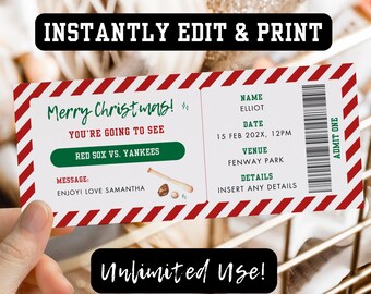 Editable Christmas Baseball Game Ticket Template, Surprise Gift Baseball Ticket, Printable Christmas Gift Voucher, Custom Sports Game Coupon
