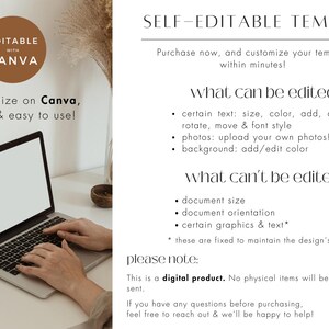 May include: A laptop computer with a blank screen is on a white desk. The laptop is open and a person's hands are typing on the keyboard. The text on the screen says "SELF-EDITABLE TEMPLATE". The text below the laptop says "Customize on Canva, free & easy to use!"
