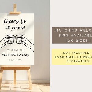May include: A white sign with black text and illustrations. The sign reads "Cheers to 40 years!" and "Welcome to John's 40th Birthday 5 June 20XX". The illustration shows two hands holding up glasses of alcohol.