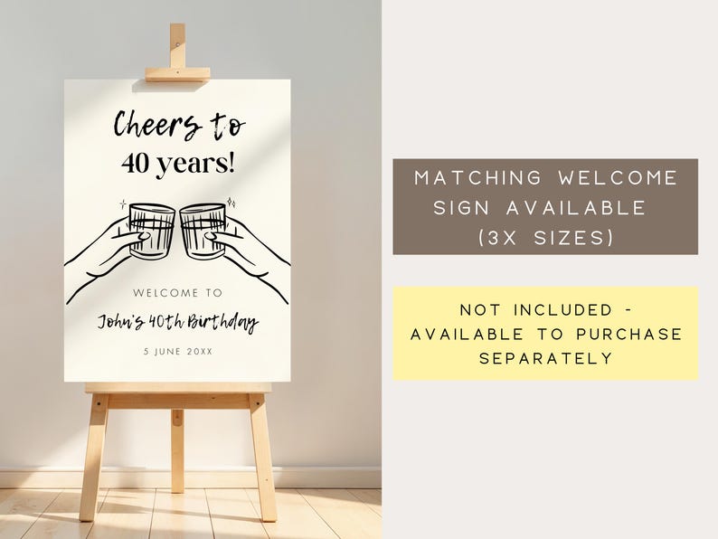 May include: A white sign with black text and illustrations. The sign reads "Cheers to 40 years!" and "Welcome to John's 40th Birthday 5 June 20XX". The illustration shows two hands holding up glasses of alcohol.