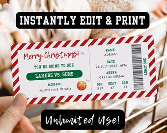 Bearbeitbares Weihnachtsbasketballspielticket, Überraschungsgeschenkbasketballticket, druckbarer Weihnachtsgeschenkgutschein, benutzerdefiniertes Xmas-Sportspiel-Stub