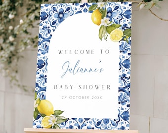 Letrero de bienvenida para baby shower con limón mediterráneo, letrero de bienvenida de la costa de Amalfi, letrero imprimible de azulejos azules italianos para despedida de soltera, letrero de cítricos Capri