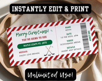 May include: A printable Christmas ticket for a hockey game. The ticket is red and white striped with a green and white hockey stick graphic. The text on the ticket reads "Merry Christmas! You're going to see Maple Leafs vs. Jets".