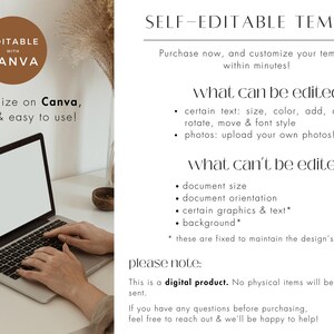 May include: A digital template for Canva, a free online design platform. The template is customizable and can be used to create a variety of designs. The image shows a laptop with a blank screen, a hand typing on the keyboard, and text that says "Editable with Canva".