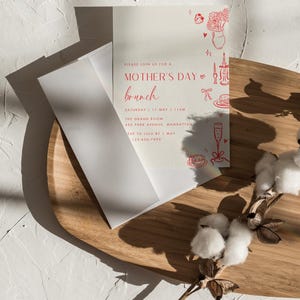 Może przedstawiać: Czerwono-biała karta z zaproszeniem z kwiatowym wzorem i tekstem "PLEASE JOIN US FOR A MOTHER'S DAY brunch SATURDAY 11 MAY 11AM THE GRAND ROOM 450 PARK AVENUE MANHATTAN SVP TO LULU BY 1 MAY 123-456-7890"