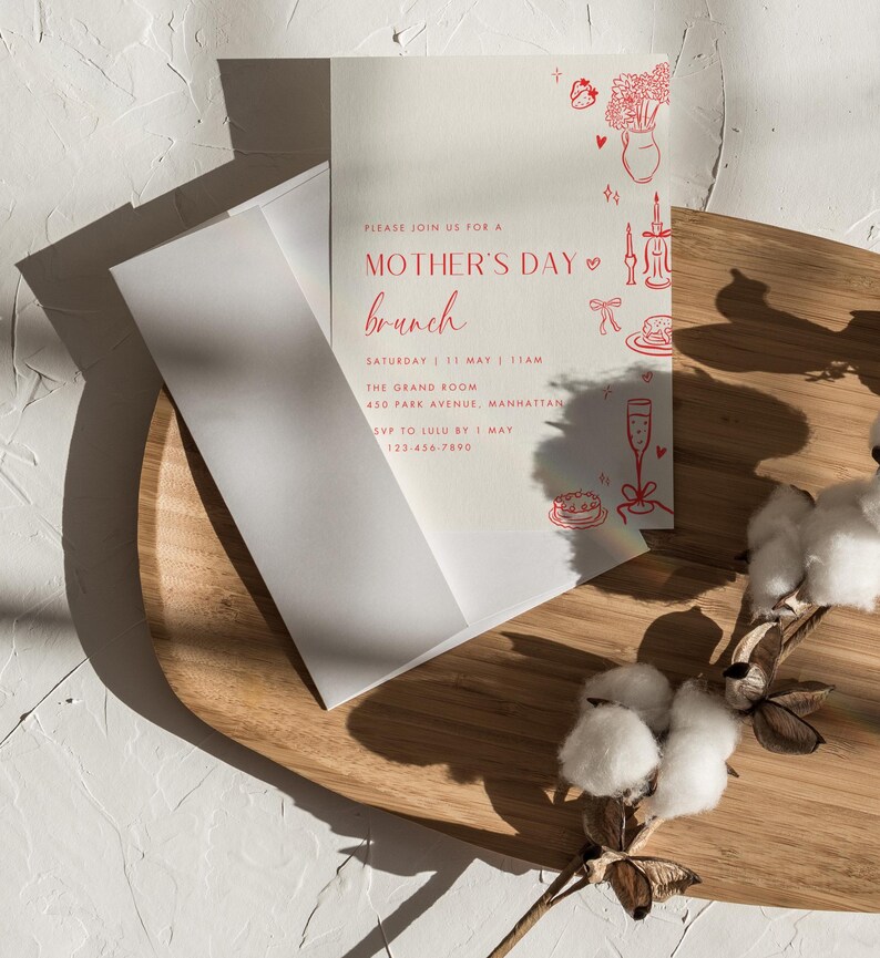Może przedstawiać: Czerwono-biała karta z zaproszeniem z kwiatowym wzorem i tekstem "PLEASE JOIN US FOR A MOTHER'S DAY brunch SATURDAY 11 MAY 11AM THE GRAND ROOM 450 PARK AVENUE MANHATTAN SVP TO LULU BY 1 MAY 123-456-7890"