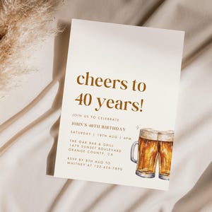 May include: A cream-colored invitation with the text "cheers to 40 years!" in brown. The invitation includes details for a 40th birthday celebration, featuring watercolor illustrations of two beer mugs. The background is a neutral beige.