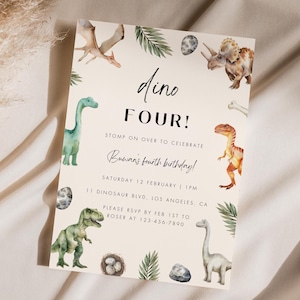 Dino Fourth Birthday Invitation, Editable Dinosaur Birthday Invitation Template, Dinosaur Theme Party Invite, Roar I&#39;m Four Birthday Invite