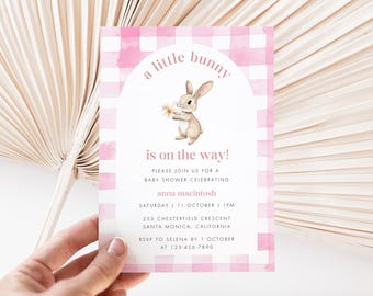Pink Bunny Baby Shower Invitation Template, Somebunny Baby Shower Invite, Gingham Baby Shower Invite, Boho Rabbit Spring Flower Baby Shower