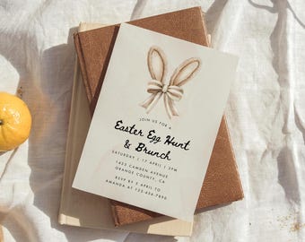 Invitación editable a la búsqueda de huevos de Pascua, plantilla de invitación a la fiesta de Pascua, invitación al brunch de Pascua para niñas, lazo coqueto de conejito de Pascua caprichoso