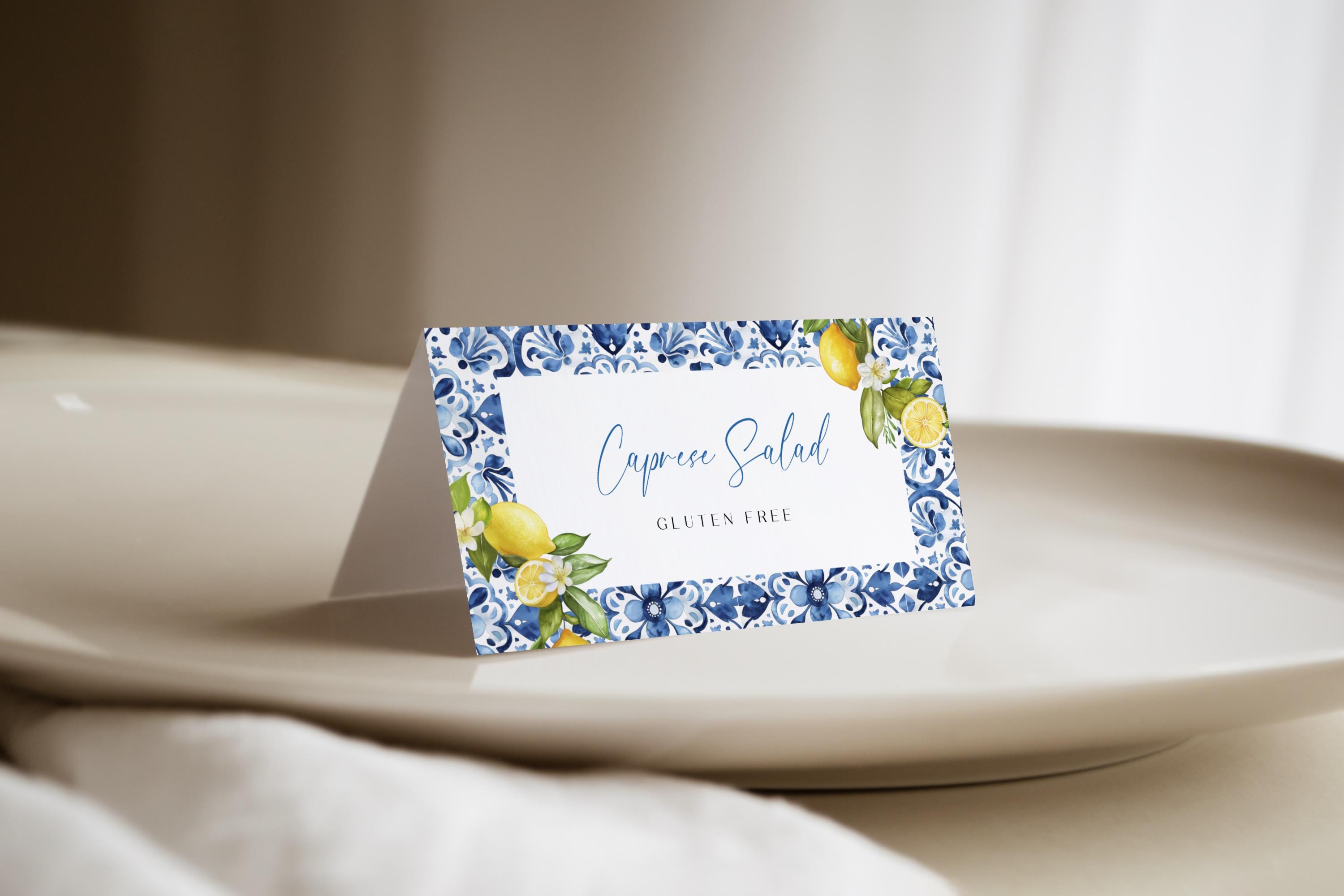 Editable Mediterranean Lemon Food Labels, Italian Wedding Place Card, Printable Buffet Card, Amalfi Blue Tile Baby Shower Food Tent Template