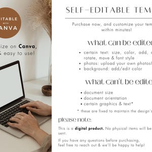 May include: A laptop with a blank screen sits on a white desk, with hands typing on the keyboard. Text on the image says "Editable with Canva" and "Customize on Canva, free & easy to use!" The image promotes a self-editable template.