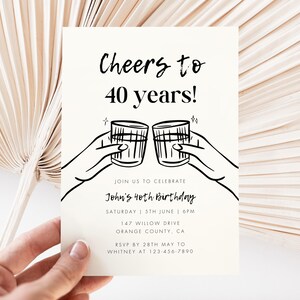 May include: Black and white illustration of two hands holding up glasses of alcohol. The text "Cheers to 40 years!" is at the top of the invitation. The text "Join us to celebrate John's 40th Birthday" is below the illustration. The invitation includes the date, time, address, and RSVP information.
