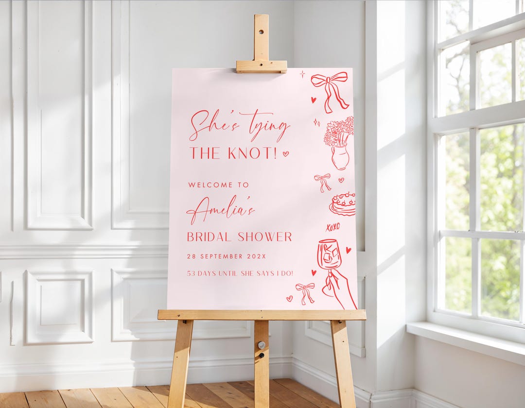 She's Tying the Knot Bridal Shower Welcome Sign, Pink and Red Hand ...