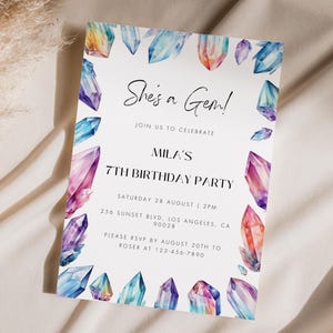 Editable Crystal Geode Gemstone Birthday Invitation, She&#39;s a Gem Geology Party Invite, Instant Download Crystal Rock Invitation Template