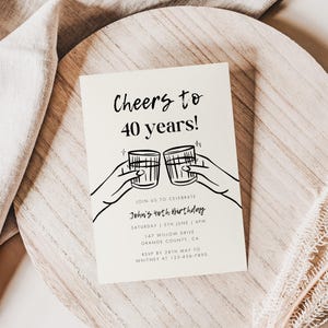 May include: A white invitation card with black text and a simple line drawing of two hands holding up glasses of alcohol. The text reads "Cheers to 40 years!" and includes details for John's 40th birthday party.
