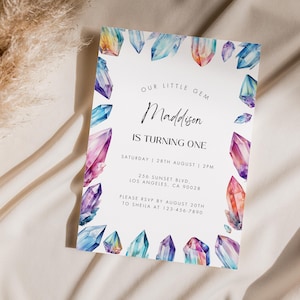 Editable Crystal Geode Gemstone Birthday Invitation, She&#39;s a Gem Geology Party Invite, Crystal Geode Birthday Party Template, Our Little Gem