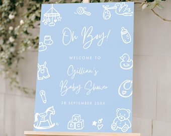 Znak powitalny na baby shower dla chłopca, znak na baby shower dla chłopca w kolorze niebieskim, ręcznie rysowany niebieski plakat powitalny na baby shower, boho baby shower dla chłopca, to chłopiec B07