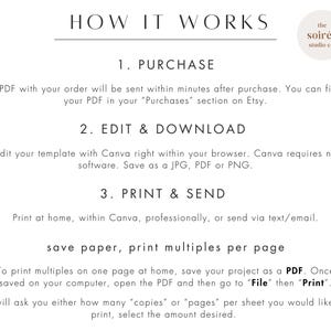 May include: A cream-colored graphic with the text "HOW IT WORKS" at the top. The text describes the steps to purchase, edit, download, and print a template. Instructions include saving as a JPG, PDF, or PNG. The Soir&eacute;e Studio Co. logo is in the upper right corner.