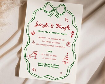 Editable Jingle & Mingle Christmas Party Invitation, Holiday Cocktail Dinner Party Digital Invite, Whimsical Hand Drawn Festive Template