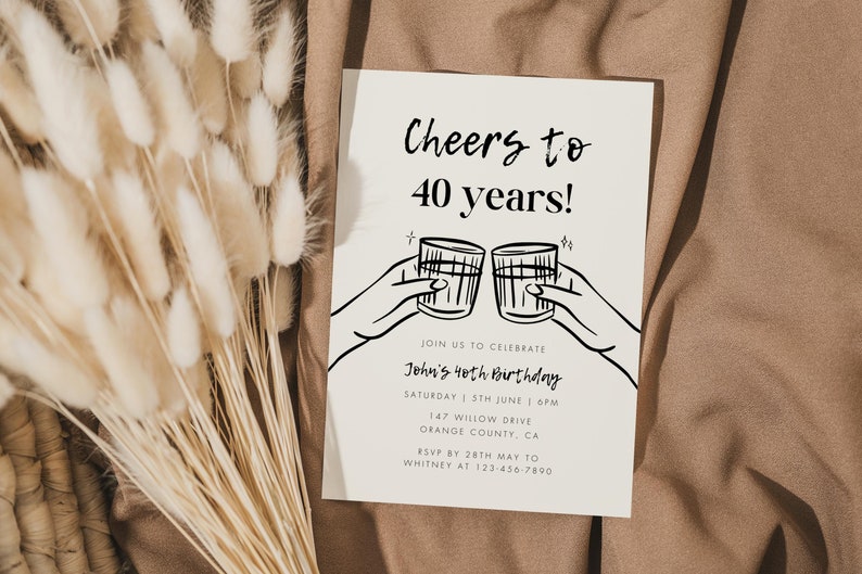 May include: A white card with black text and a line drawing of two hands holding up glasses of liquid. The text reads "Cheers to 40 years!" and includes details for John's 40th birthday party.