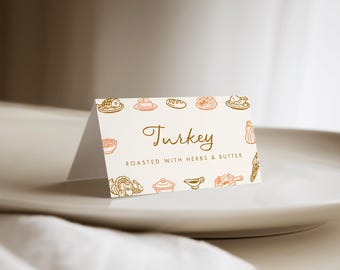 Bearbeitbare Thanksgiving-Lebensmitteletiketten, Kürbis-Food-Zeltkarten, Thanksgiving-Dinner-Buffetkarte, Herbst-Fall-Tischkarten Friendsgiving-Lebensmittelkarte