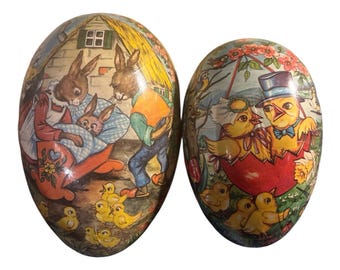 VTG German Paper Mache Eggs Easter Bunny Chicken Chick Nostalgia Whimsy 1950-70