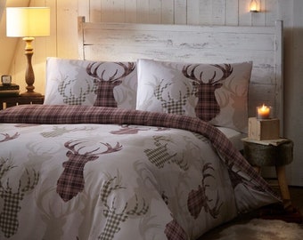 Stag Tartan Duvet Set Reversible Bedding Checked Quilt Cover Bed Set Natural