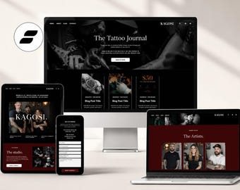 May include: A desktop computer monitor, a laptop, and a smartphone displaying the KAGOSI tattoo studio website. The screens feature dark themes with red accents, showcasing sections titled The Tattoo Journal, The Studio, and The Artists.