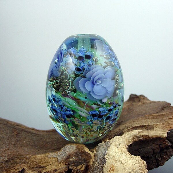 Blue Garden Lampwork Glass Bead by Cynthia Tilker