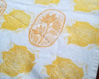 Yellow Rose Garden Hand Printed Cotton Tea Towel with Roses and Crocuses