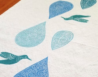 Hummingbird with Raindrops Hand Printed Cotton Tea Towel Housewarming Gift - blues, greens