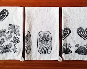 Set of 3 Hand Printed Cotton Tea Towels - Nature Animal Prints in Black and White