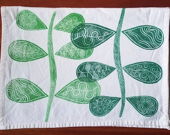 Green Plant Block Print Cotton Tea Towel Housewarming Kitchen