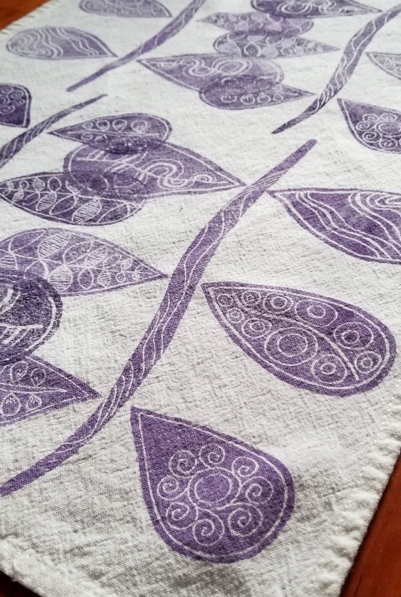 Purple Plant Hand Printed Cotton Tea Towel Gift for Kitchen image 1