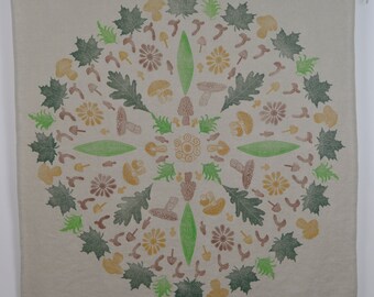 Altar Cloth or Tapestry - Flora and Funga Mandala, Mushrooms, Leaves - Natural Linen Fairy Cloth - Green, Brown