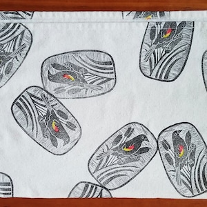 Red-Winged Blackbird Block Print Cotton Tea Towel Spring Birds and Cattails Kitchen Gift