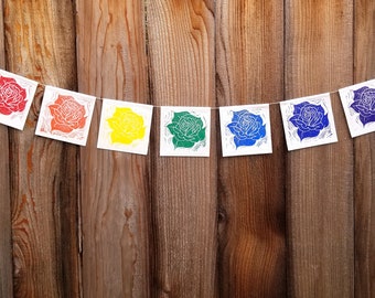 Rainbow Roses Banner - Hand Carved Block Print Design - Unique Decor