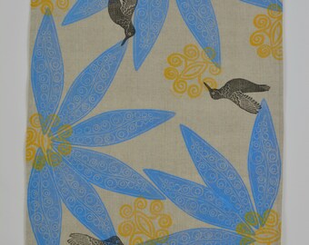Blue Leaves and Hummingbirds Tapestry - Hummingbird, Sun, Leaves - Natural Linen Fairy Cloth