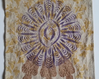 Small Tapestry - Sun, Bees, Morels - Natural Linen Fairy Cloth - Purple, Gold, Brown