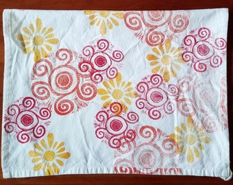 Summer Solstice Block Print Cotton Tea Towel Housewarming Gift - orange, red, yellow, suns