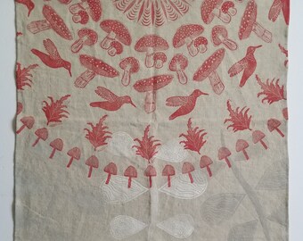 Everything Emanates from the Sun Tapestry - Red Mushrooms, Leaves, Hummingbird, Sun - Natural Linen Fairy Cloth