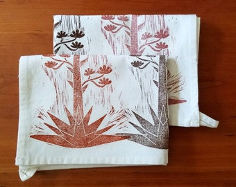 Set of 2 Agave in Bloom Cotton Tea Towels Hand Carved and Block Printed Desert Earth Tones Housewarming Gift