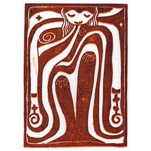 May include: A brown and white linocut print of a stylized figure with closed eyes and wavy hair. The figure is surrounded by swirling lines and shapes.