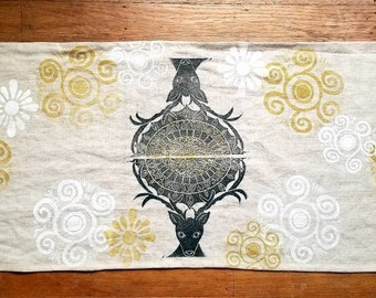 Altar Cloth - Deer Mother with Golden Suns - Natural Linen Fairy Cloth