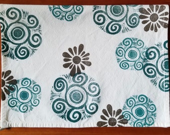 Summer Sun Block Print Cotton Tea Towel - sun pattern in teal green, brown