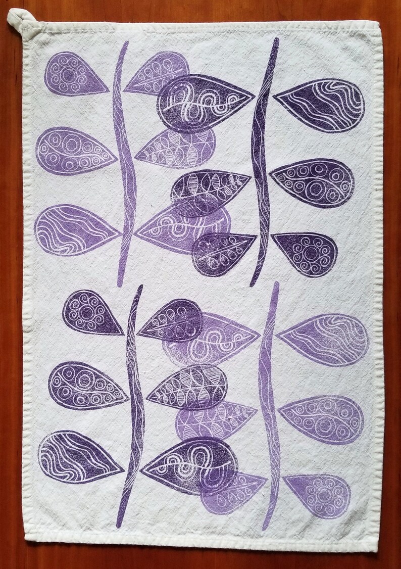 Purple Plant Hand Printed Cotton Tea Towel Gift for Kitchen image 2