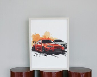 Nissan GTR – cyfrowy wydruk artystyczny: plakat motoryzacyjny (pobranie cyfrowe)